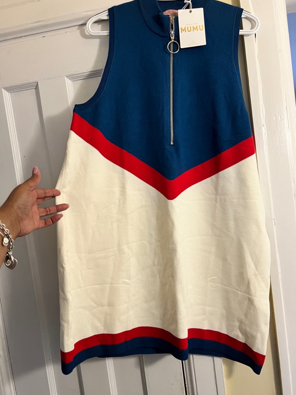 Show Me Your MuMu Blue Red White Chevron Sleeveless Knit Dress